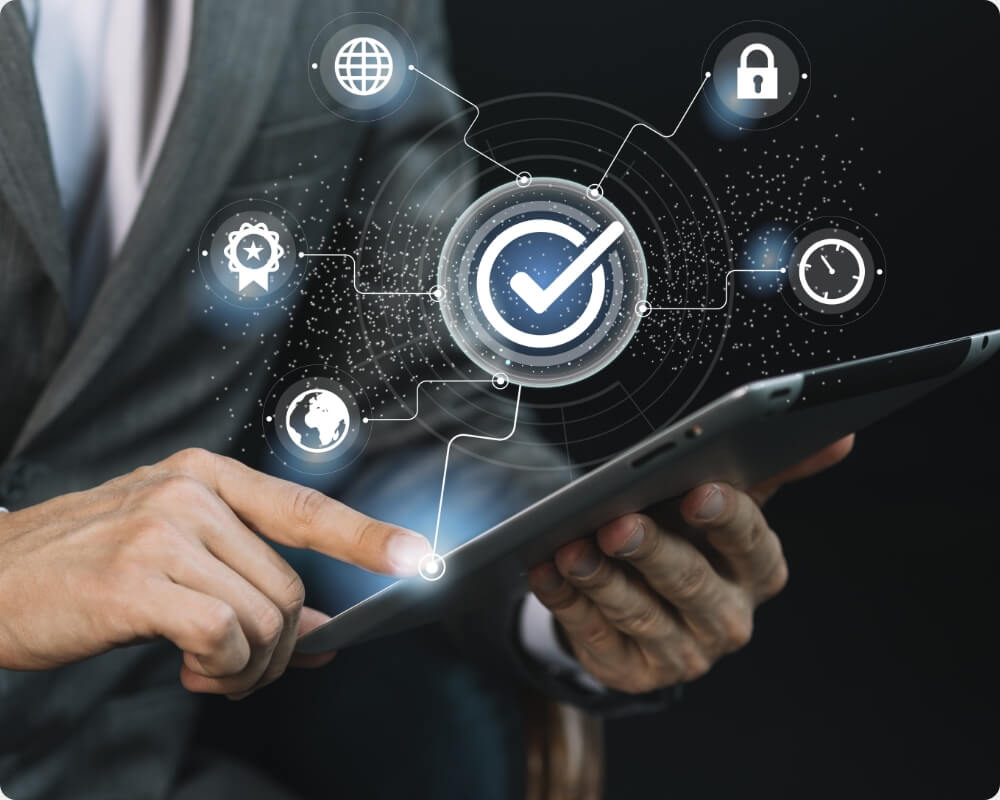 Man using a tablet with digital representation of work efficiency Man using a tablet with digital representation of work efficiency