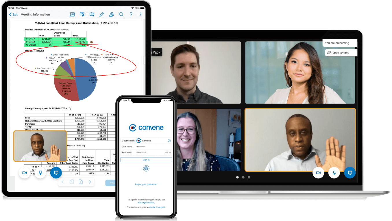Azeus Convene - the board management software and its features being shown on multiple devices Azeus Convene - the board management software and its features being shown on multiple devices