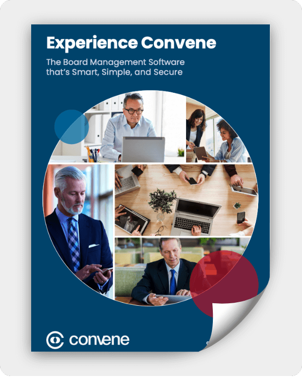 Front page of Convene's brochure about the board portal tool experience Front page of Convene's brochure about the board portal tool experience