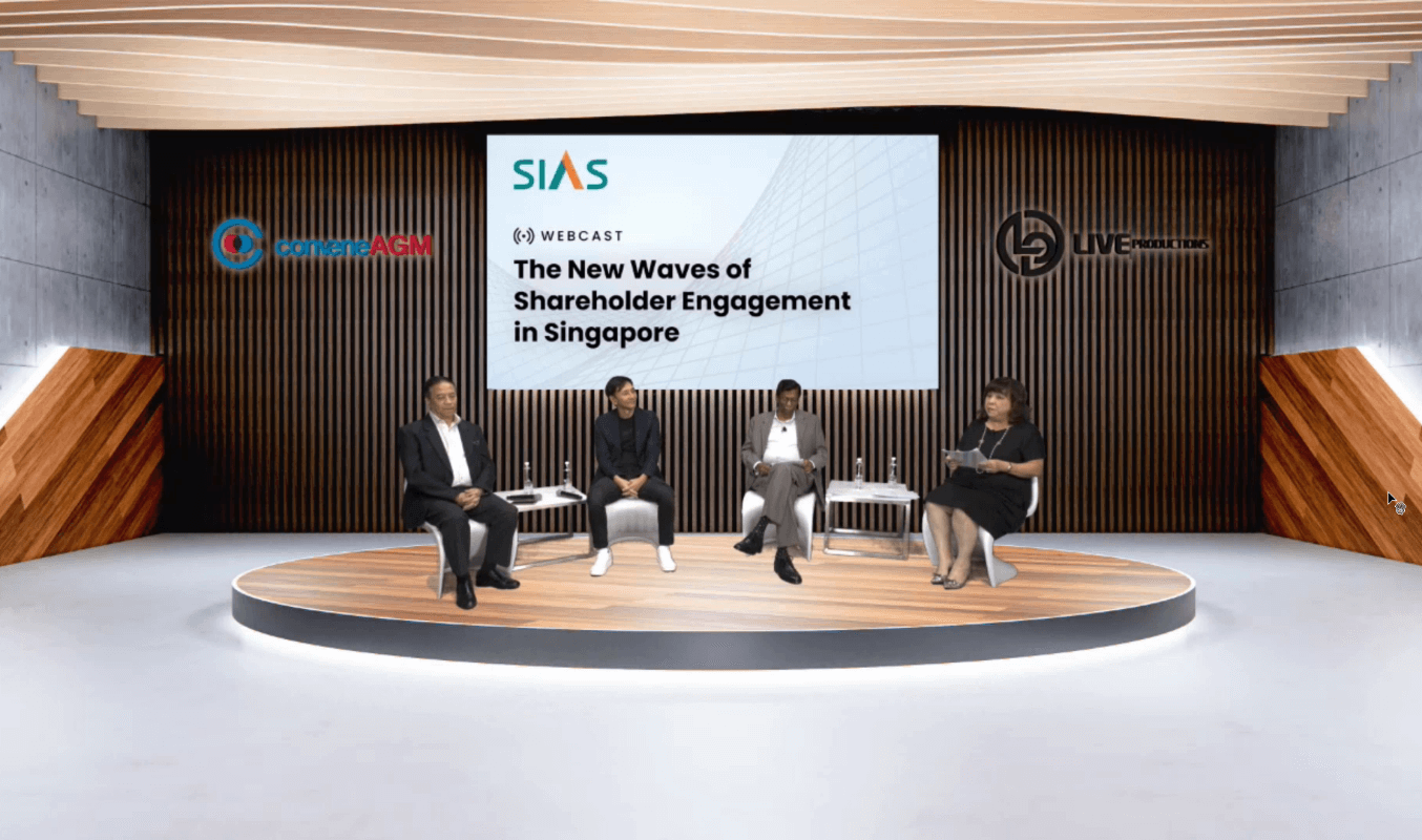 The speakers of the webinar seated together discussing the shareholder engagement in Singapore
